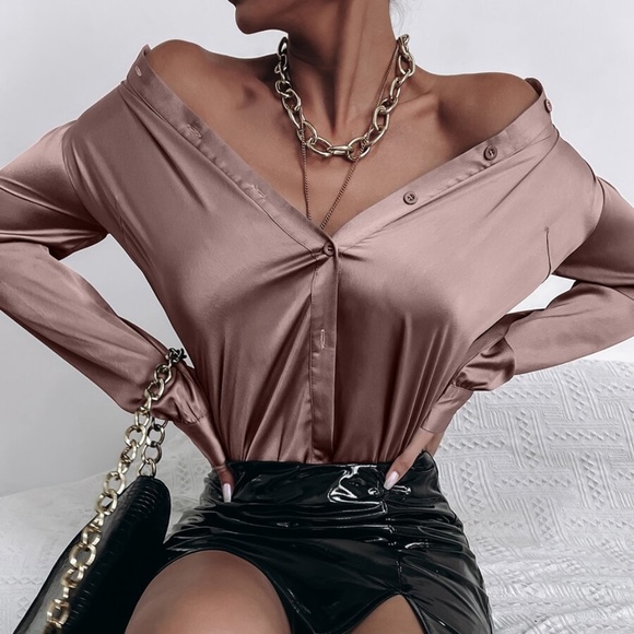 Satin Camel button up minimalist Boyfriend Shirt - Picture 9 of 12